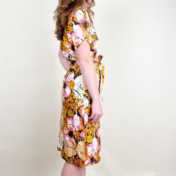 Vintage Floral Midi Dress Belted Puff Poof Sleeve Mid Century Modern 60's 70's - Picture 2 of 9